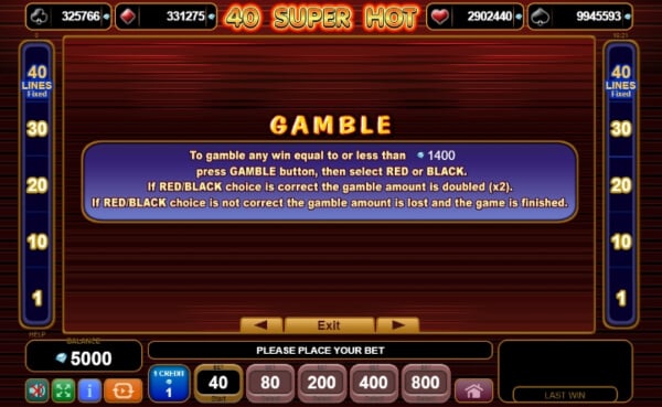 Payout table of the 40 Super Hot slot displaying all symbols and win multipliers