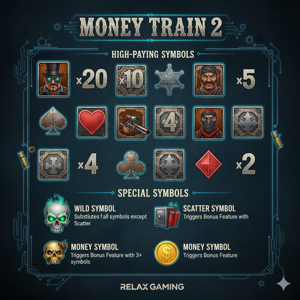 Money Train 2 слотының төлем кестесі мен символдары