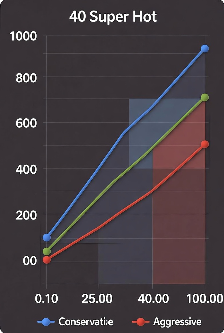 Graph of 40 Super Hot playing strategies with different bet levels and results