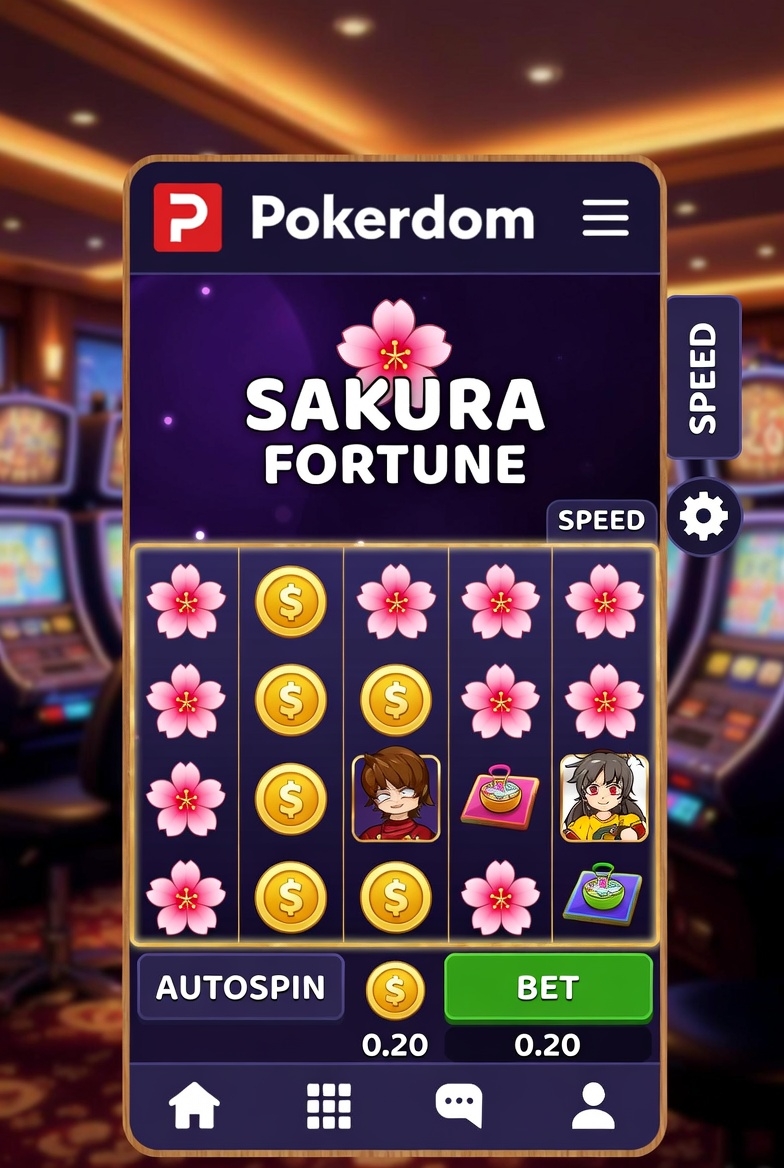 Pokerdom қосымшасындағы Sakura Fortune слоттың мобильді нұсқасының интерфейсі