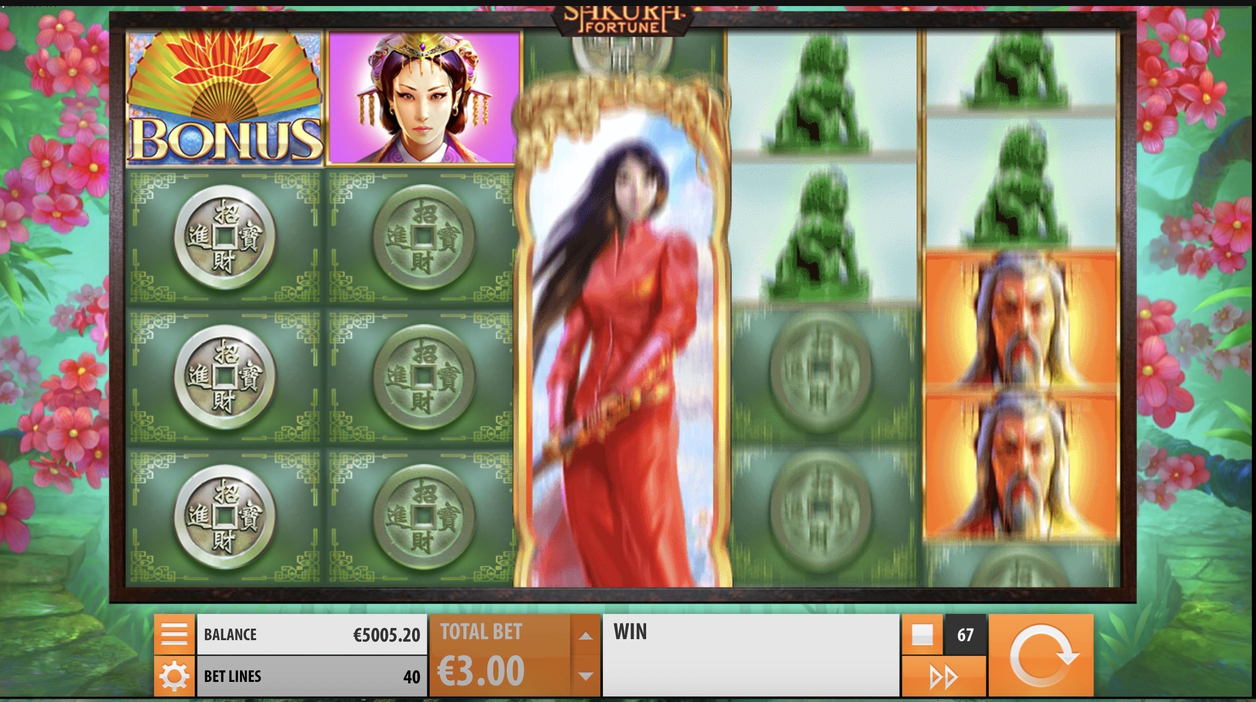 Sakura Fortune слотындағы бонустық фриспиндерді іске қосу экраны