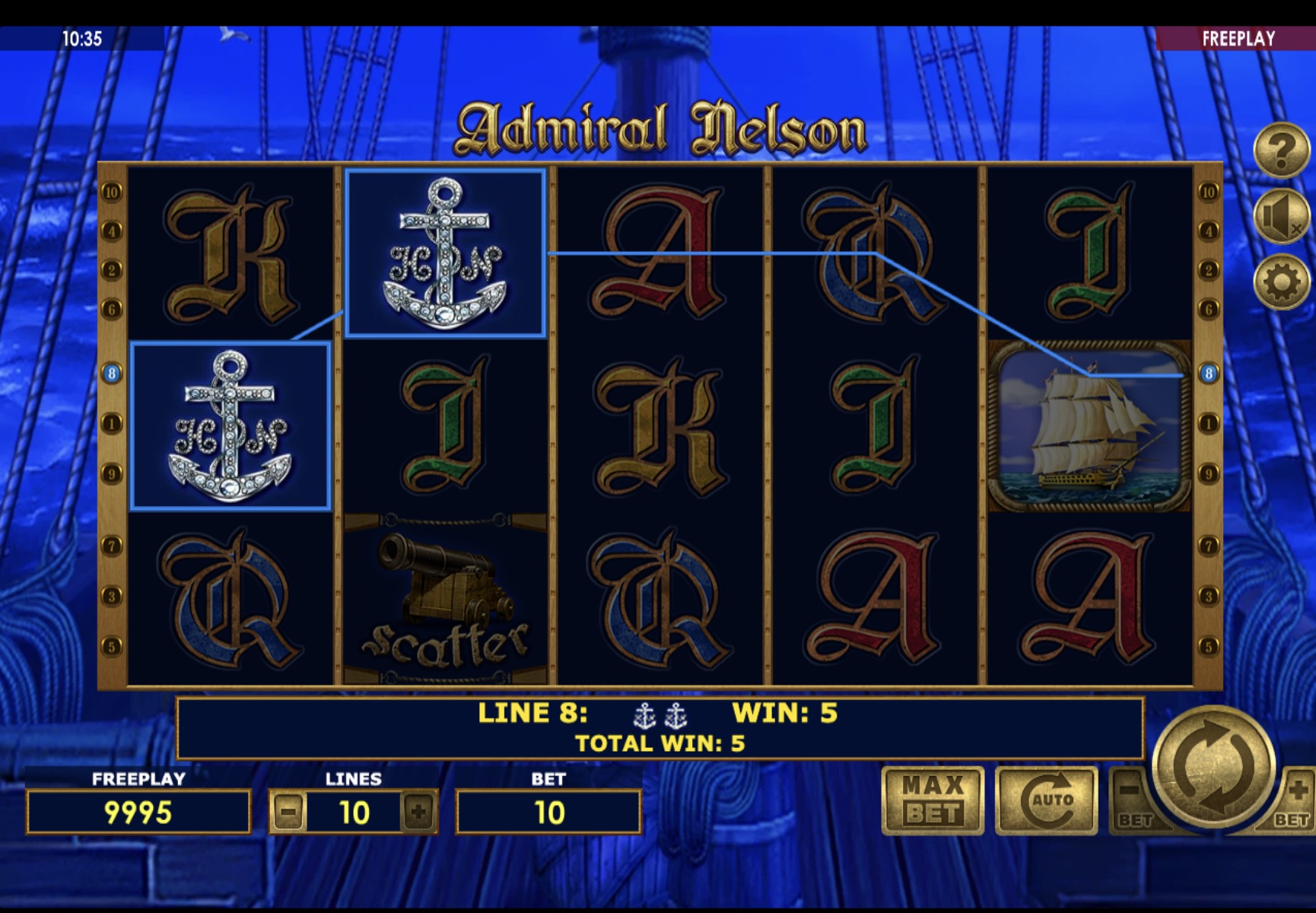 Интерфейс слота Admiral Nelson от Amatic в казино Pokerdom
