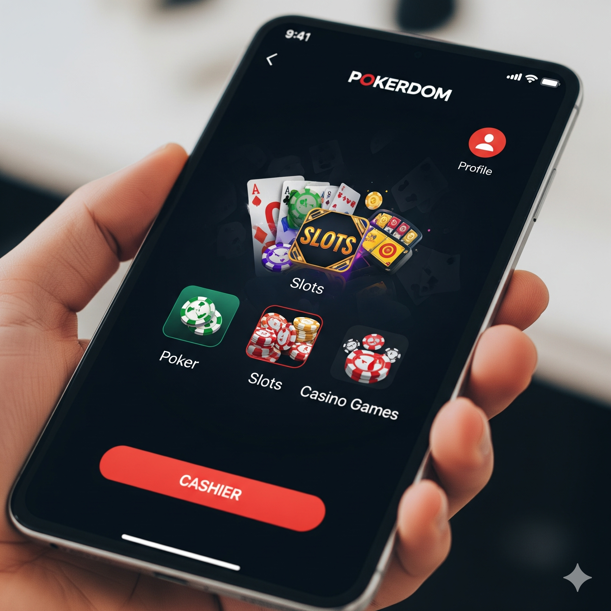 Pokerdom мобильді қосымшасының интерфейсі
