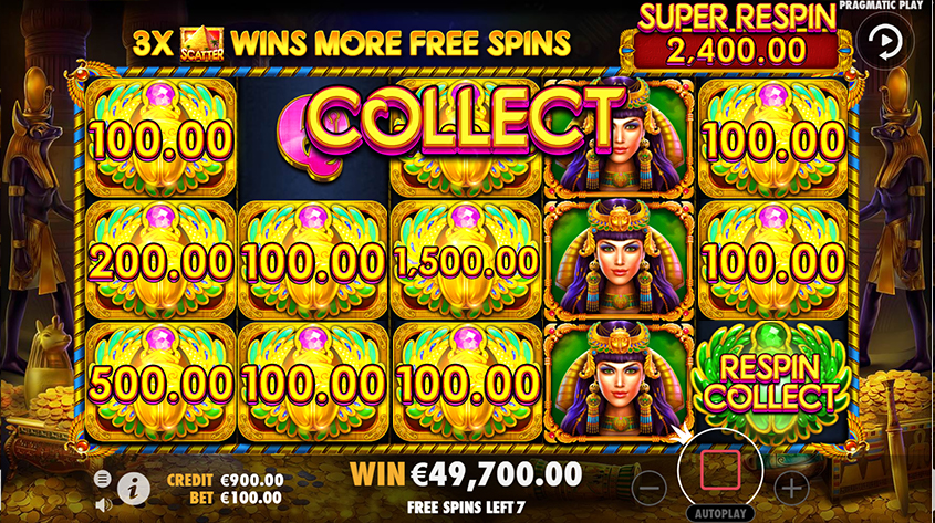 Free Spins bonus game screen in John Hunter Tomb of Scarab Queen