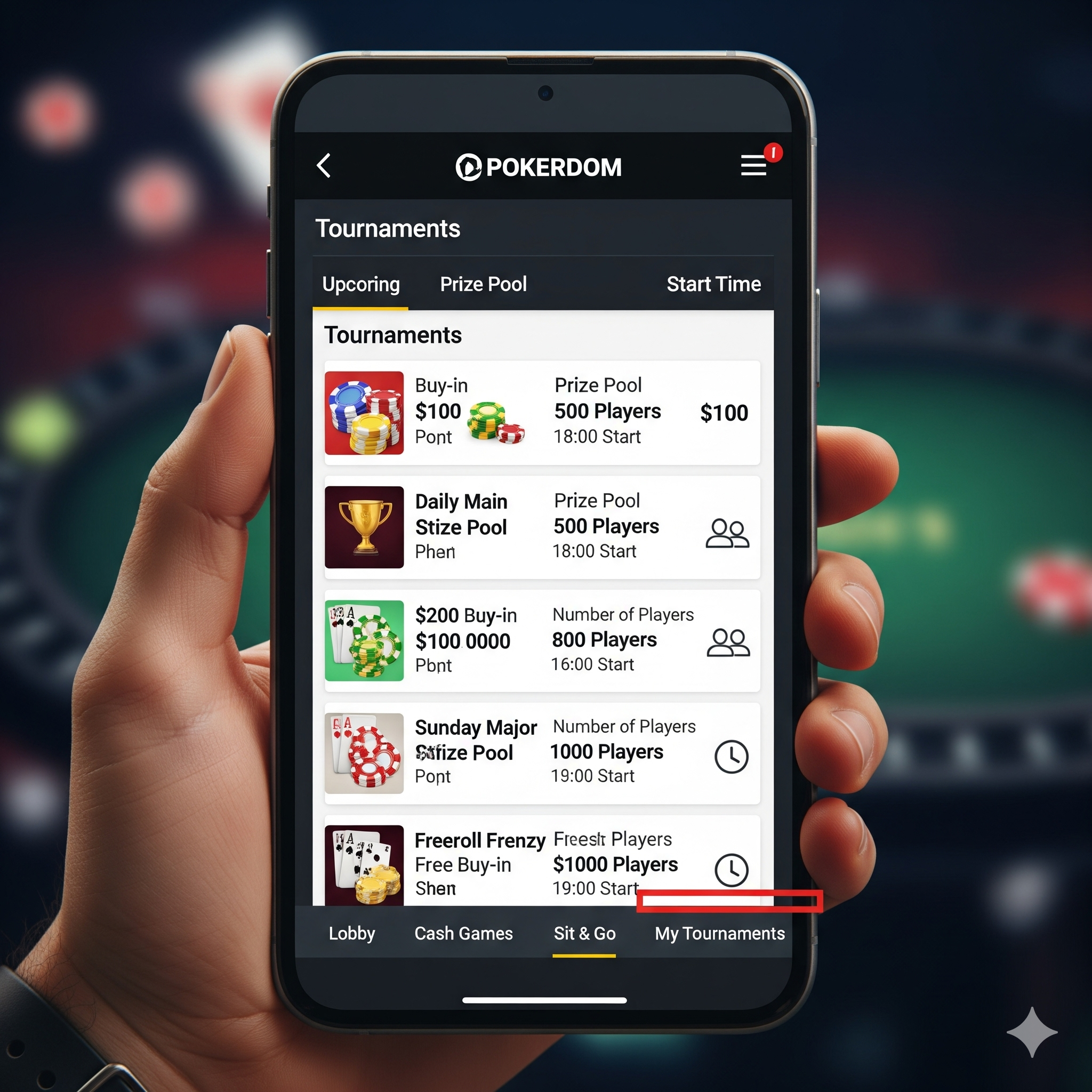 Мобильді Pokerdom-дағы турнирлердің интерфейсі