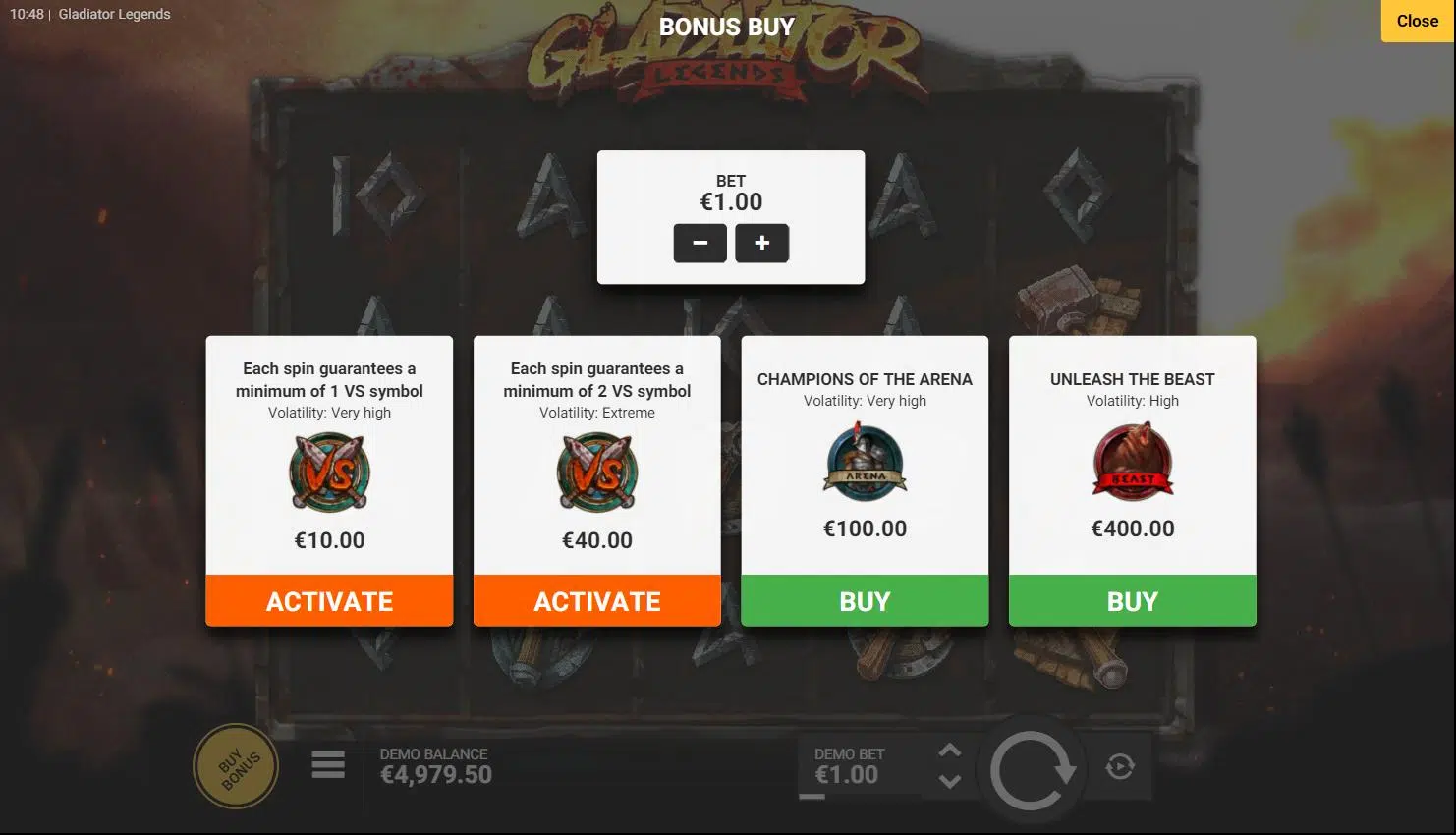 Gladiator Arena bonus round in the Gladiator Legends slot